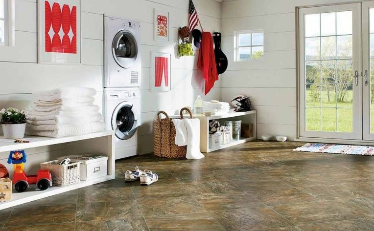 red accent mudroom entryway